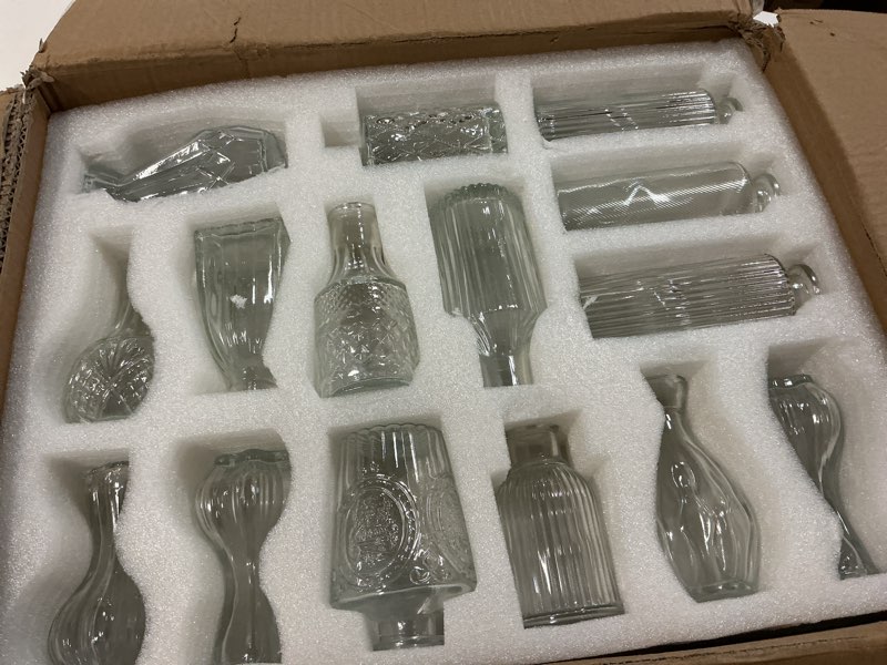 Condition photo showing Good Condition for 36pcs bud vases set small vintage glass bottles clear bud vases in bulk multiple shape cute glass vases for rustic wedding centerpieces table decorations and home decor(clear)