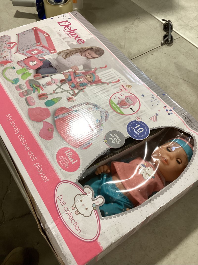 deao kids baby doll stroller nursery role play set with a variety of feeding toy and play mat travel cot baby carrier stroller and travel bag ( similar to picture) ( incomplete ) 