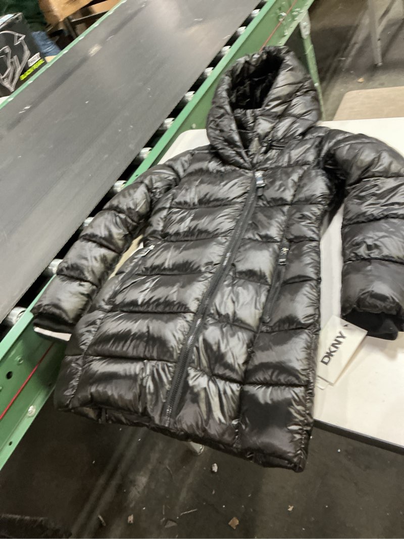 Condition photo showing Good Condition for DKNY womens Shine Puffer Coat With Bib and Asymmetrical Zipper Front – Winter Jacket X-Small Black