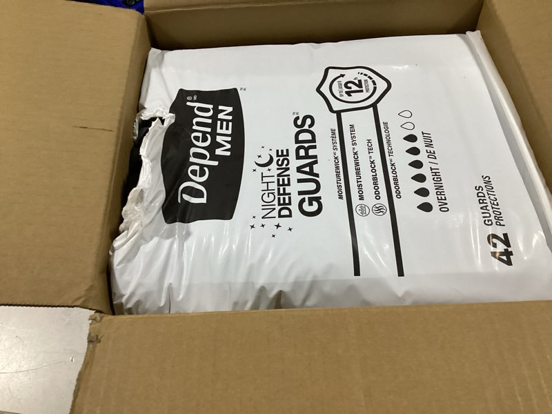 Condition photo showing As Is for depend guards incontinence pads for men, overnight absorbency, 84 count, packaging may vary