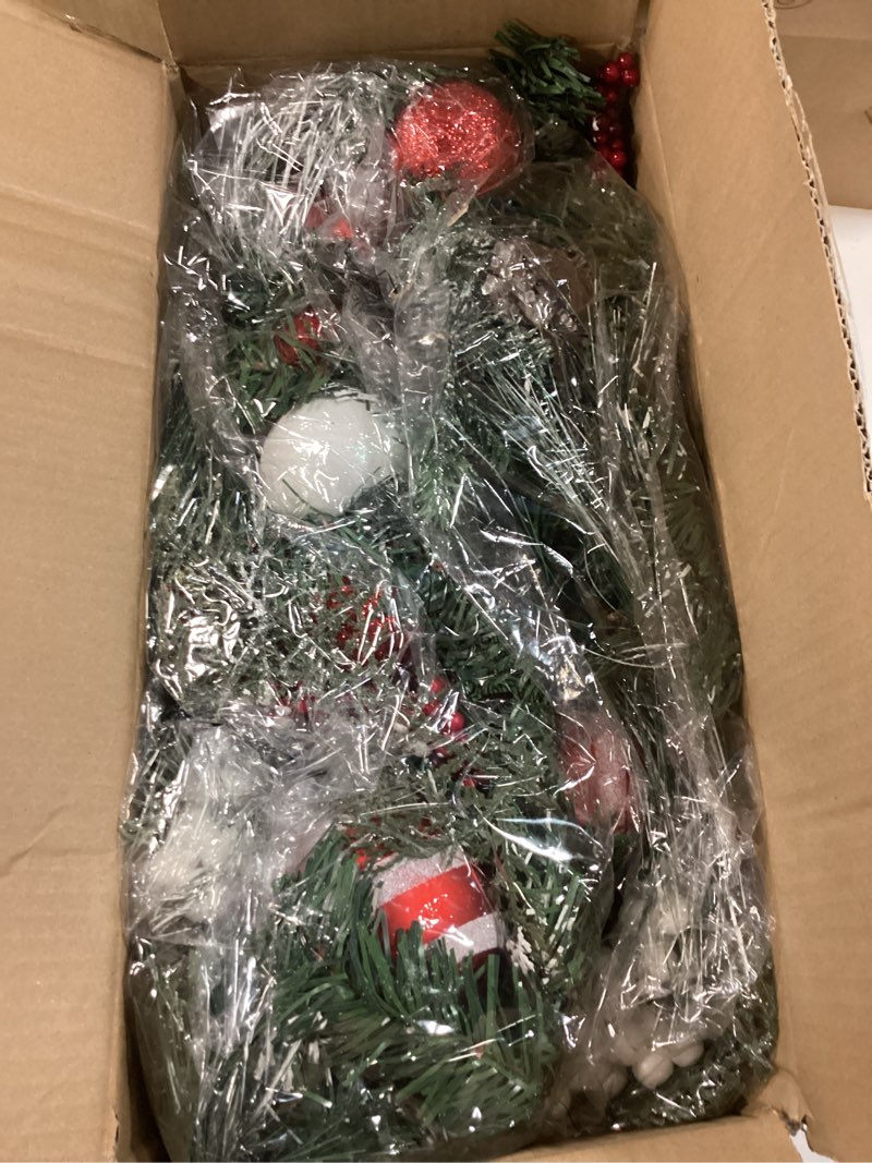 Condition photo showing Good Condition for Valery Madelyn 6 Feet Pre-Lit Christmas Garland with Lights for Mantle, Lighted Outdoor Xmas Garland with Red White Balls for Home Stairs Fireplace Table Centerpiece Indoor Holiday Party Decor