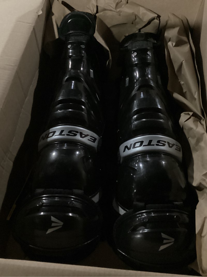 Condition photo showing Good Condition for easton | elite x baseball catcher's leg guards | nocsae approved | youth/intermediate/adult | multiple colors black adult