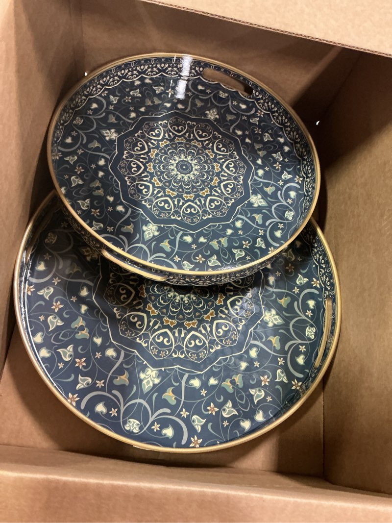 Condition photo showing Good Condition for Serving Trays Set of 2, Decorative Plastic Serving Trays with Handles, 15" & 13" Round Tray Party Tr