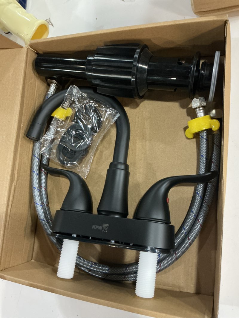 Condition photo showing Good Condition for KPW Bathroom Sink Faucet 2 or 3 Hole Matte Black Centerset 4 Inch Bathroom Sink Faucet 2 Handle Plating Over ABS Plastic Non-Metallic Lavatory Bathroom Faucet with Pop up Drain Water Supply Hoses Two Handle 5121 Matte Black