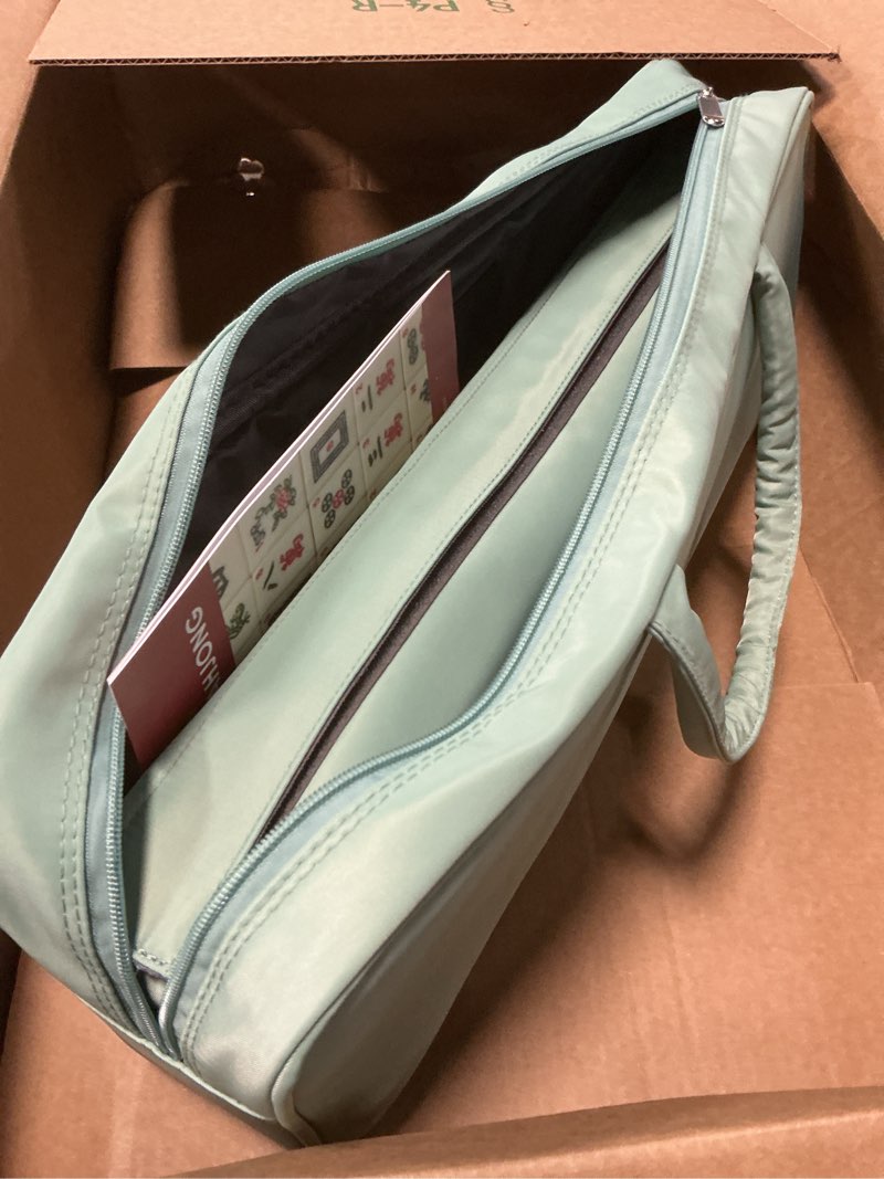 Condition photo showing Good Condition for Yellow Mountain Imports American Mahjong Set, Celadon Koi with Mint Green Fabric Case - Four Wooden All-in-One Racks with Pushers, Wright Patterson Scoring Coins, Dice, and Wind Indicator Multicolored