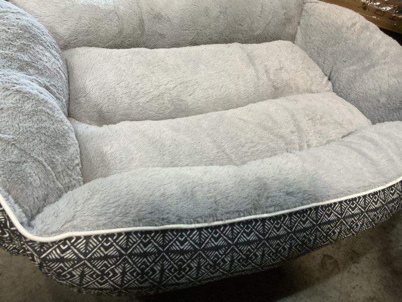 Condition photo showing As Is for vibrant life large dog bed, bolster dog bed for large dogs, 36" x 27", black and gray
