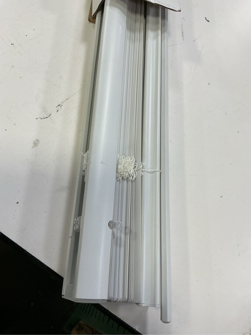 Condition photo showing As Is for project source light filtering 1-in slat width 27-in x 64-in cordless white vinyl light filtering mini-blinds