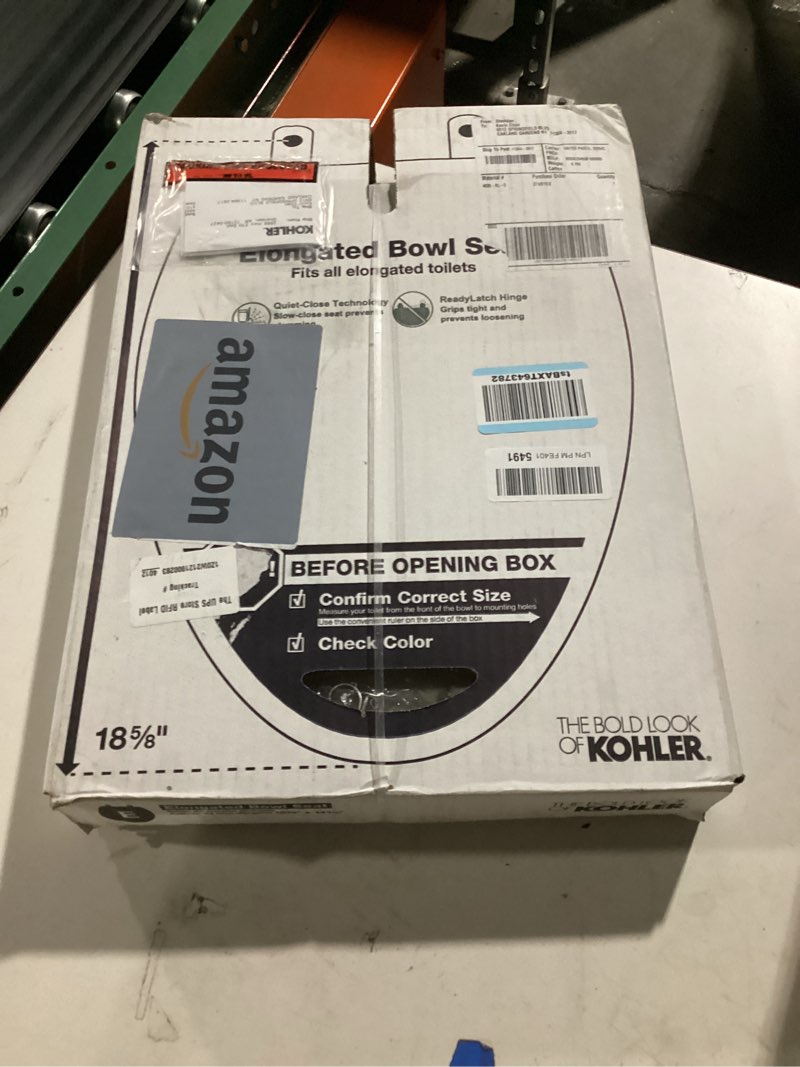 Condition photo showing New/Like New for KOHLER 4636-RL-0 Cachet ReadyLatch Elongated Toilet Seat Slow Close, Soft Close Toilet Seat Quiet Lid, Contoured Grip-Tight Bumpers Installation Hardware, Apartment Essentials, White White Elongated Ready Latch