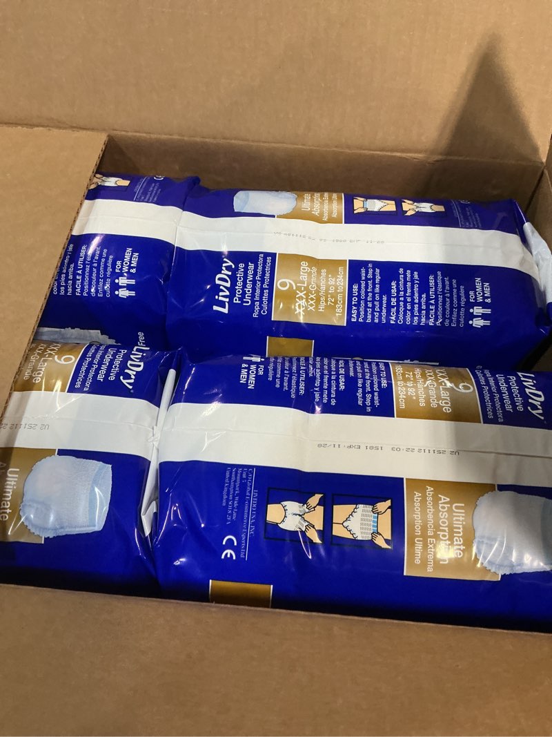 Condition photo showing New/Like New for livdry ultimate 3xl adult incontinence underwear, max absorbant diapers for women and men, xxxl 72” -92" waist, leak proof cuff, xxx-large, 36 count xxx-large (36 count)