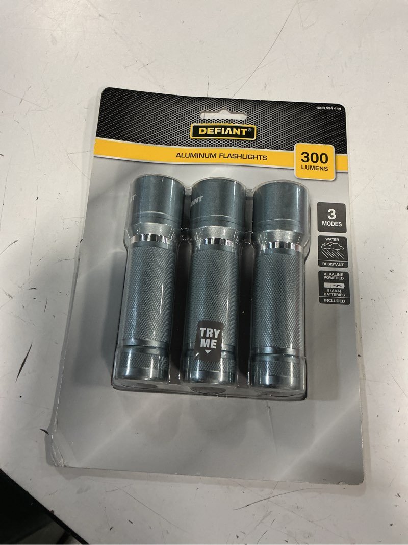 Condition photo showing New/Like New for 3-pack 300-lumen aluminum flashlights