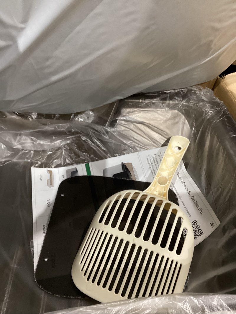 Condition photo showing As Is for Oneluck Large Cat Litter Box with Transparent Covered,Mat and Scoop, Convenient for Observing Cats, Front Door Flap for Privacy, Gray (23.5" L x 16.9" W x 15.76" H) 23.5"L x 16.9"W x 15.76"H