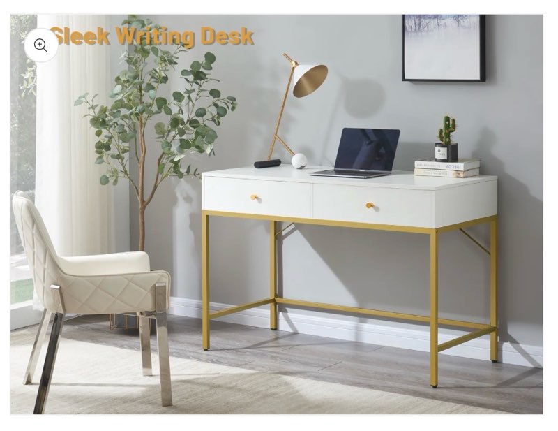  SUPERJARE Computer Desk with 2 Drawers, White and Gold - 7923G