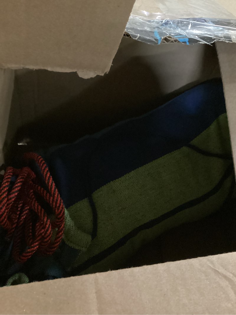 Condition photo showing As Is for mosfiata hammocks portable camping hammock upgraded 550lb comfortable fabric hammock with two anti roll balance beam and sturdy tree straps for camping, patio, backyard, outdoor ?blue green?