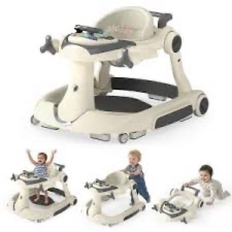 3-in-1 foldable baby walker - music car-themed walker with wheels and bouncing foot mat, push-behind walker