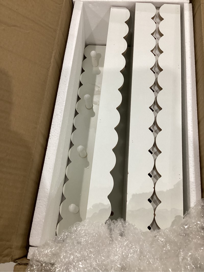 Condition photo showing Good Condition for nursery book shelves, set of 4 white floating shelves for wall kids, 16.5” scalloped shelves, wall-mounted book shelf decor for kids, wave style