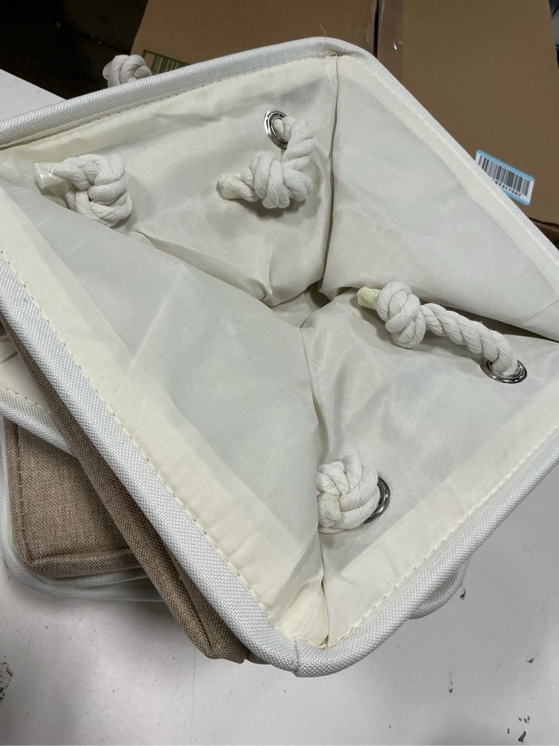Condition photo showing Good Condition for 11 x 11 Inch Cube Storage Bins, 6 Pack Large Collapsible Fabric Storage Bin with Ropes, Foldable Storage Cubes for Home, Office,Closet, Clothes, Toys Organizer (White & Beige-11"x11"x11")