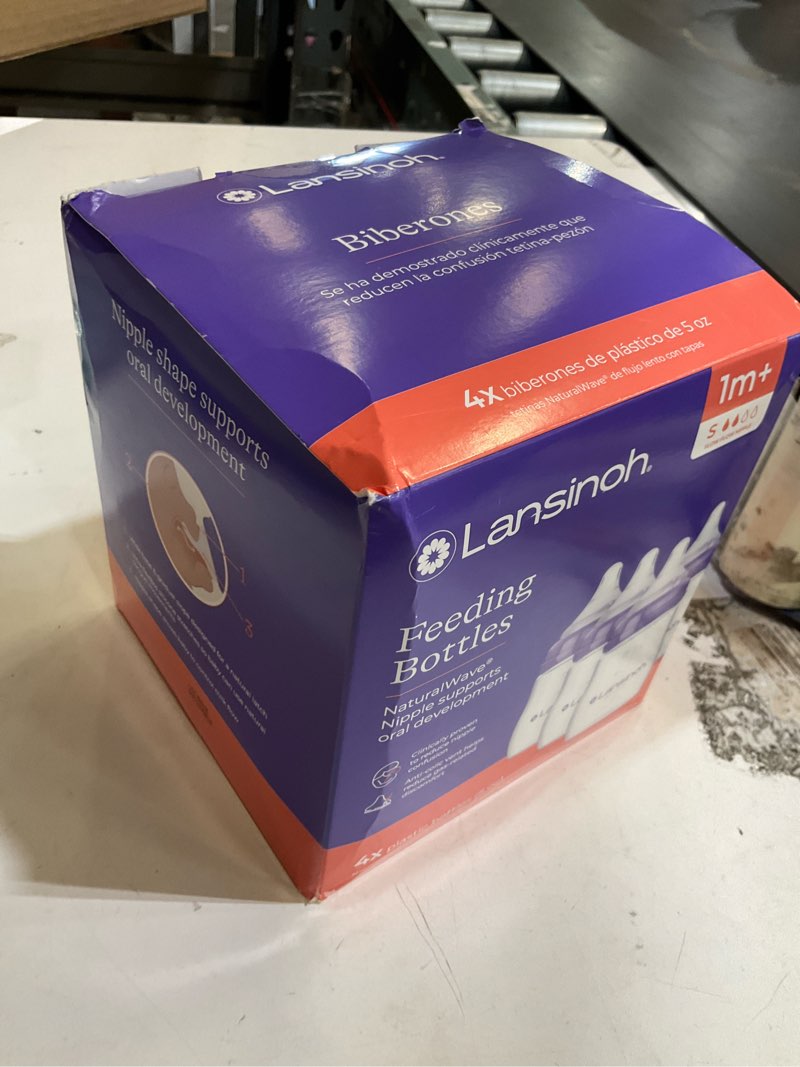 Condition photo showing As Is for lansinoh anti-colic baby bottles, bpa-free plastic, 5 ounces, 4 count, slow flow nipples (size s), breastfeeding bottle with naturalwave design 5 ounce, s flow, 4 count