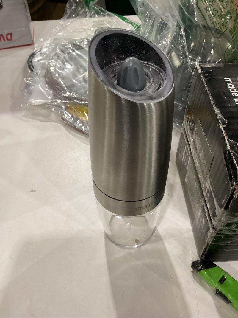 Condition photo showing As Is for CIRCLE JOY Gravity Electric Salt and Pepper Grinder Set Automatic Salt and Pepper Grinder Set with LED Light, Battery Operated, Adjustable Coarseness, Large Capacity, for Home Kitchen BBQ Battery/Black Set