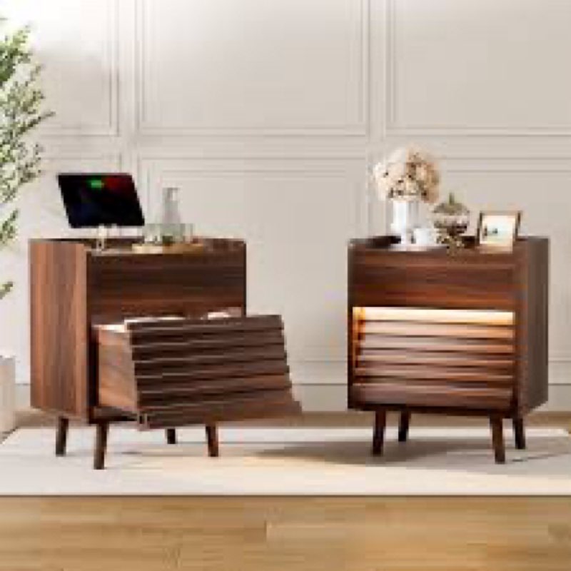 Modern Nightstand With 2 Drawers,Bedside Table With Outlets & LED Lights, File Cabinet With Slanted & Wavy Design