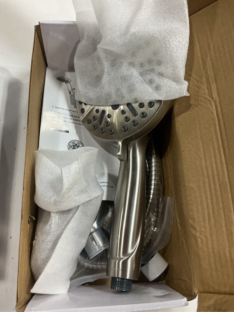 Condition photo showing Good Condition for high pressure shower head with handheld - 5 spray settings high flow detachable rain shower heads with 60” extra-long stainless steel hose and adjustable bracket with brass joint – brushed nickel 5 modes brushed nickel