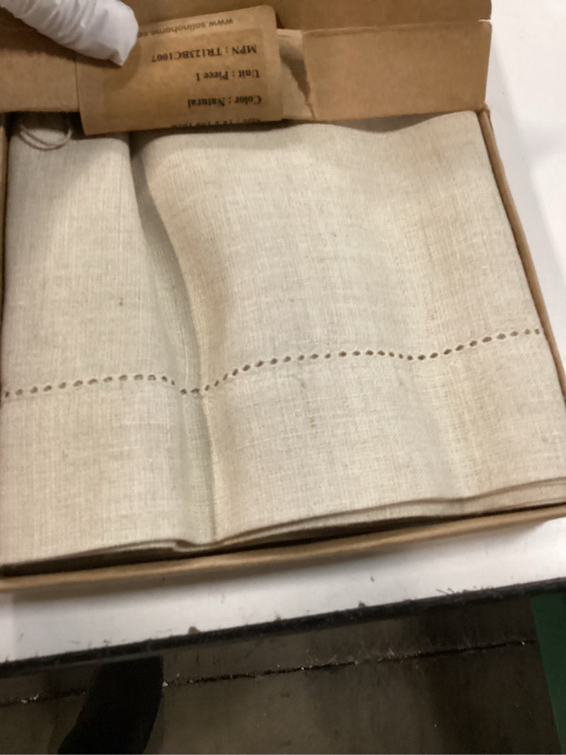 Condition photo showing Good Condition for solino home linen natural table runner 108 inches long - 100% pure linen 14 x 108 inch table runner for summer - classic hemstitch 04: natural 14 x 108 inch