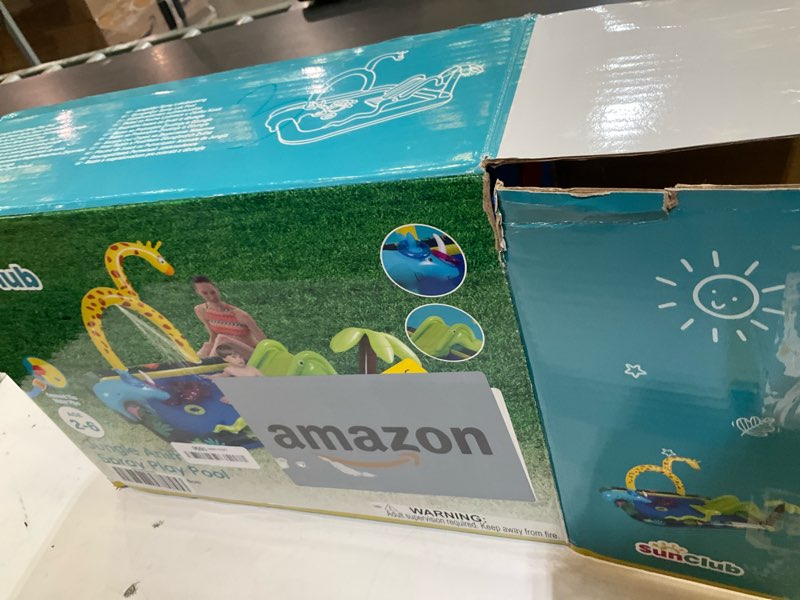 Condition photo showing Good Condition for inflatable jungle animal play center, inflatable water park kiddie pool with slide, water sprayer for summer outdoor splash, backyard and garden 102.5" x75" x 54.5"