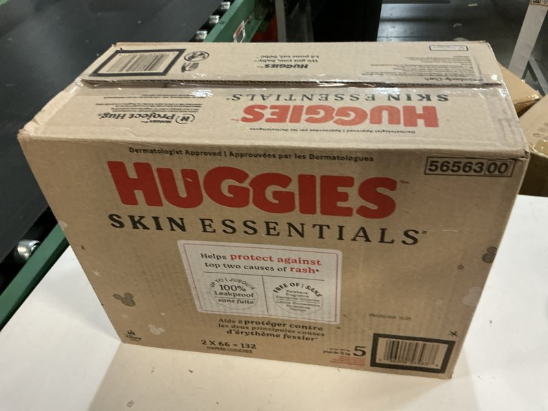 Condition photo showing New/Like New for huggies size 5 diapers, skin essentials baby diapers, size 5 (27+ lbs), 132 count (2 packs of 66), packaging may vary