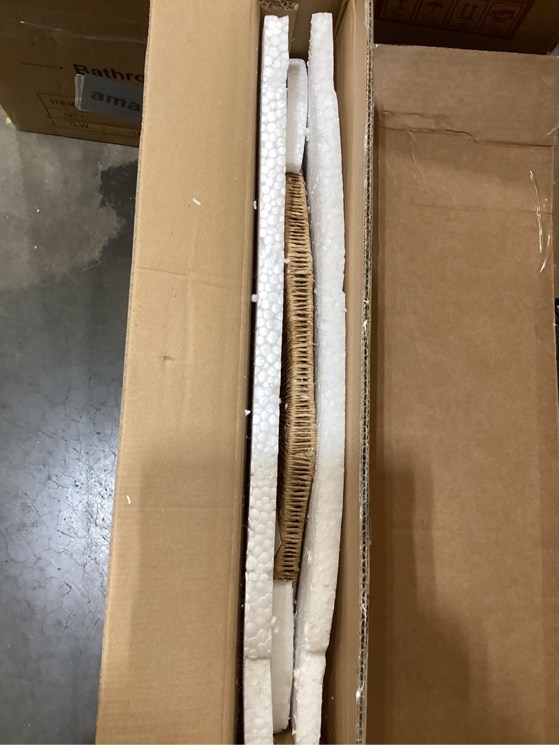 Condition photo showing New/Like New for 24 inch natural jute mirror, wall mounted round mirror with metal frame, wall decor rustic farmhouse boho decor accent for bathroom, bedroom, living room, or entryway