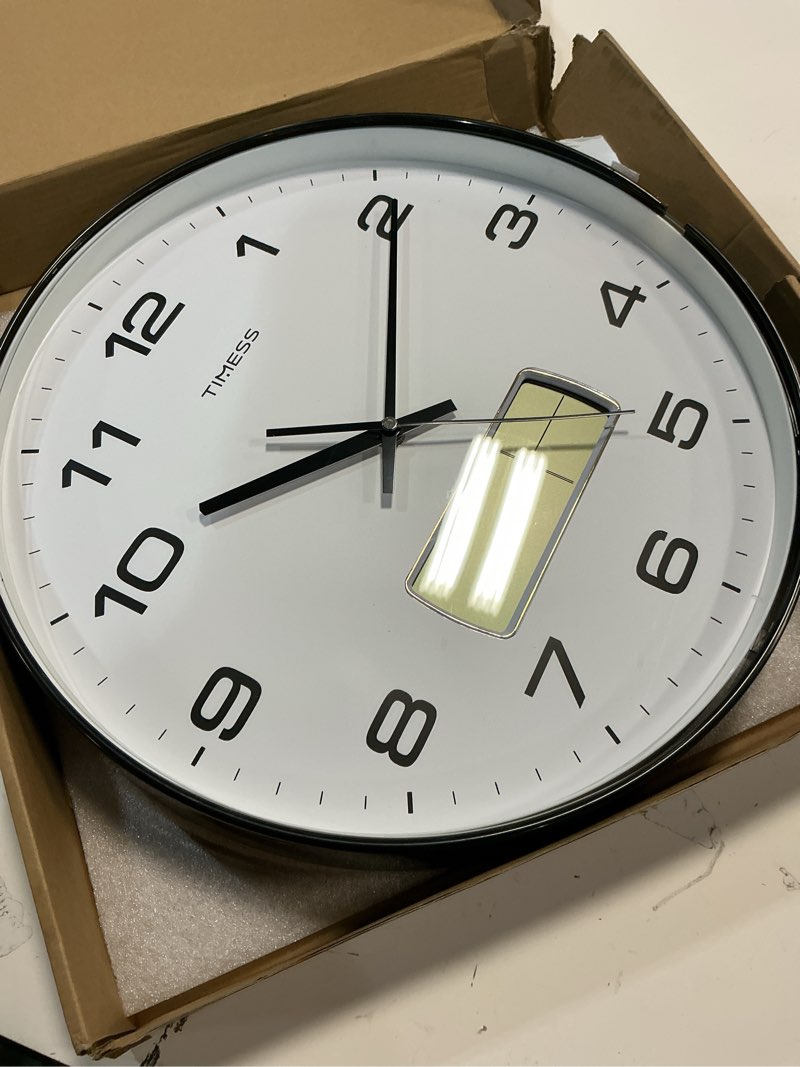 Condition photo showing As Is for Wall Clock, 14" Large Dial Non-Ticking Silent Battery Operated Analog with LCD Display for Perpetual Calendar and F° Temperature, Ideal Modern Home, Bedroom, Office Decor (Black)