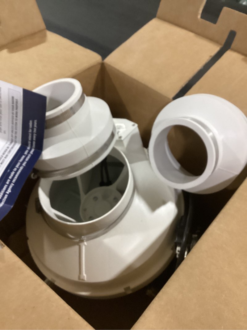 Condition photo showing New/Like New for **SIMILAR TO**4 inch Radon Fan Installation Kit -Inline Centrifugal Fan with Rubber Couplers (4 inch x 3 inch) and Air Pressure Indicator 260CFM