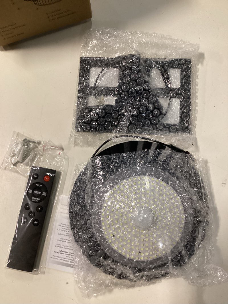 Condition photo showing New/Like New for solar lights outdoor waterproof,396 led solar shed light indoor outdoor with remote control,timer, solar pendant light 5 modes,solar powered barn lights for chicken coop,gazebo,garage,shop black