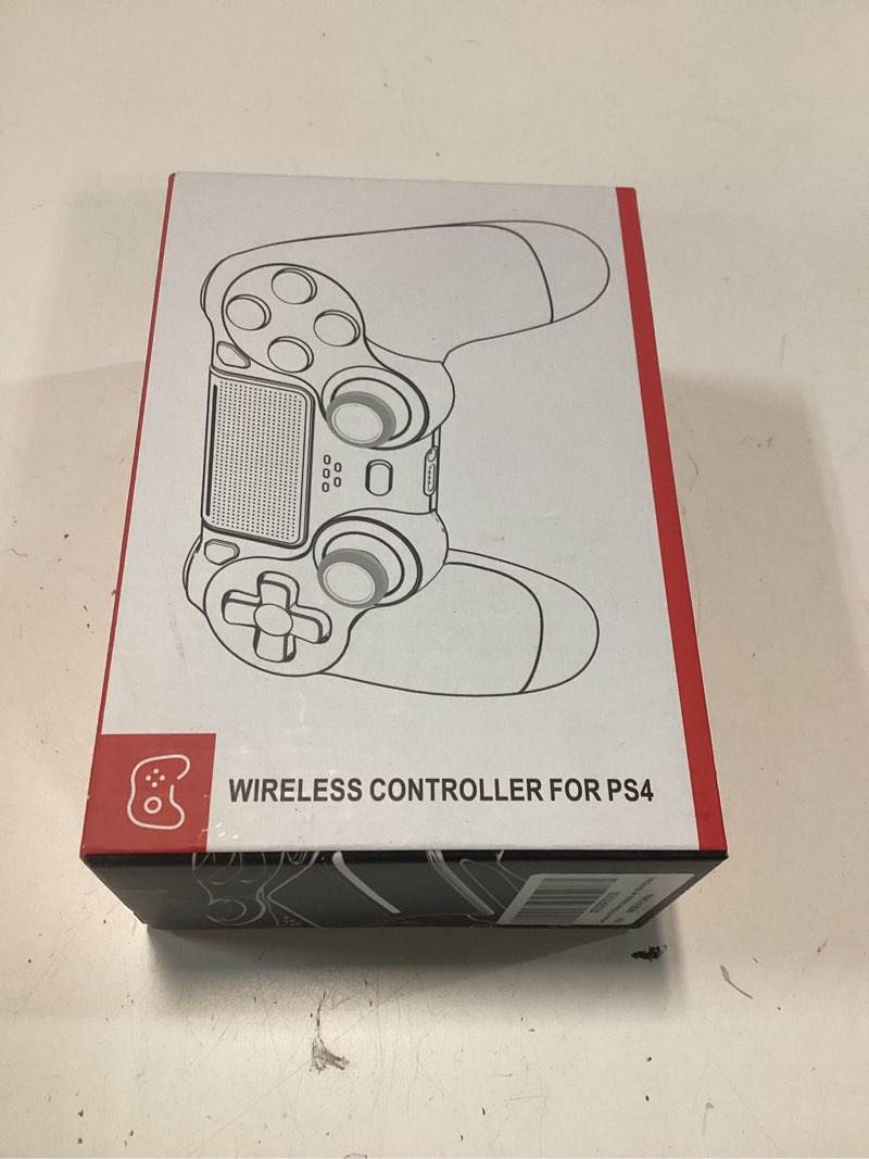 Condition photo showing New/Like New for moogole wireless controller compatible with ps4, with usb c cable/1000mah battery/dual motors/6-axis gyro/3.5mm audio jack/multi touch pad/share button (colorful arrows)