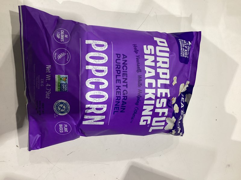 Condition photo showing New/Like New for **best by:11/06/2025**  purplesful snacking sea salt purple popcorn, kosher, halal, gluten free & non-gmo, 4.79 ounce (pack of 9)