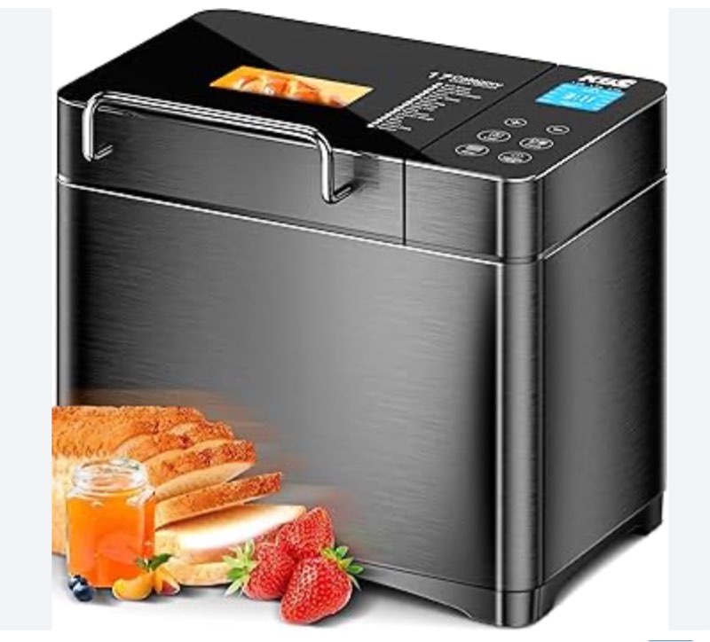 kbs 17-in-1 bread maker-dual heaters, 710w machine stainless steel with gluten-free, dough maker, jam, yogurt prog, auto nut dispenser,ceramic pan& touch panel, 3 loaf...