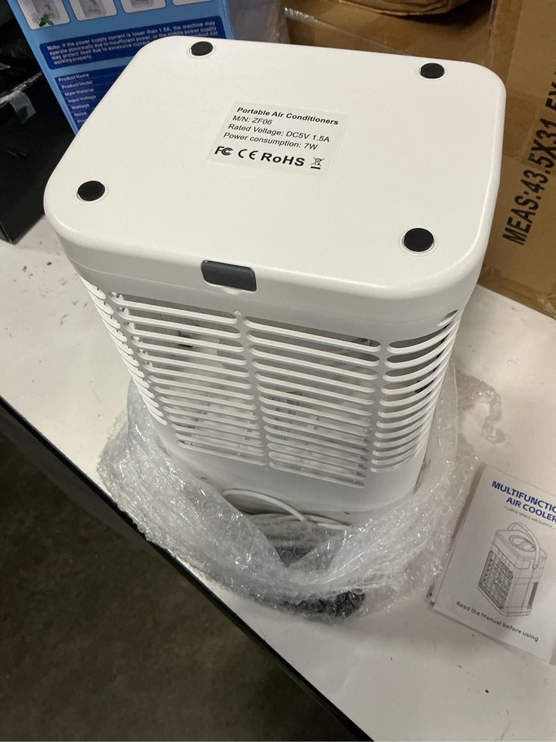 Condition photo showing As Is for portable air conditioner, cooling fan 3 speeds & 3 modes personal cooling fan mini air conditioner fan with remote, 1500ml water tank, night light, for home office bedroom