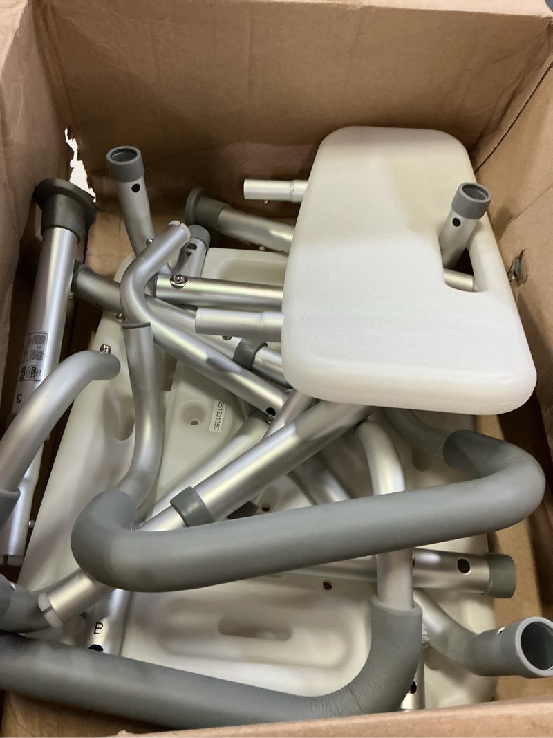 Condition photo showing As Is for armed shower & bath chair with back & arms, snap on tool free assembly, lightweight & seat height adjustable, great for travel (bench with back)