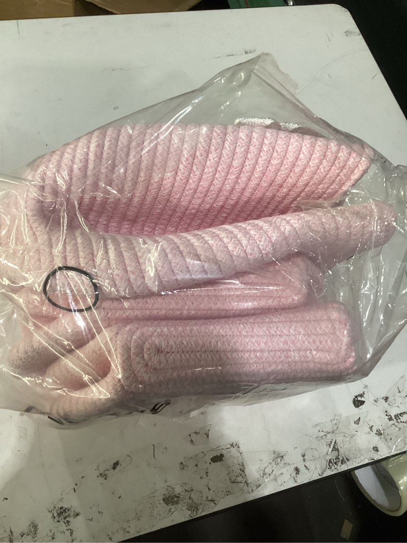 Condition photo showing Good Condition for storage baskets for organizing, woven decorative baskets for shelves - books, towels, and clothes, cotton rope toy storage bins, 12.7''lx9''wx7.8''h, pack of 4, pink