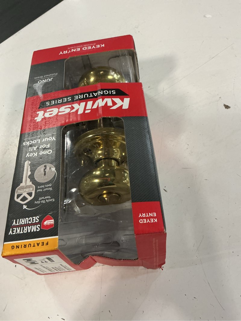 Condition photo showing Good Condition for kwikset juno entry door knob with lock and key, secure keyed handle exterior, front entrance and bedroom, polished brass, pick resistant smartkey rekey security polished brass 1 pack keyed entry