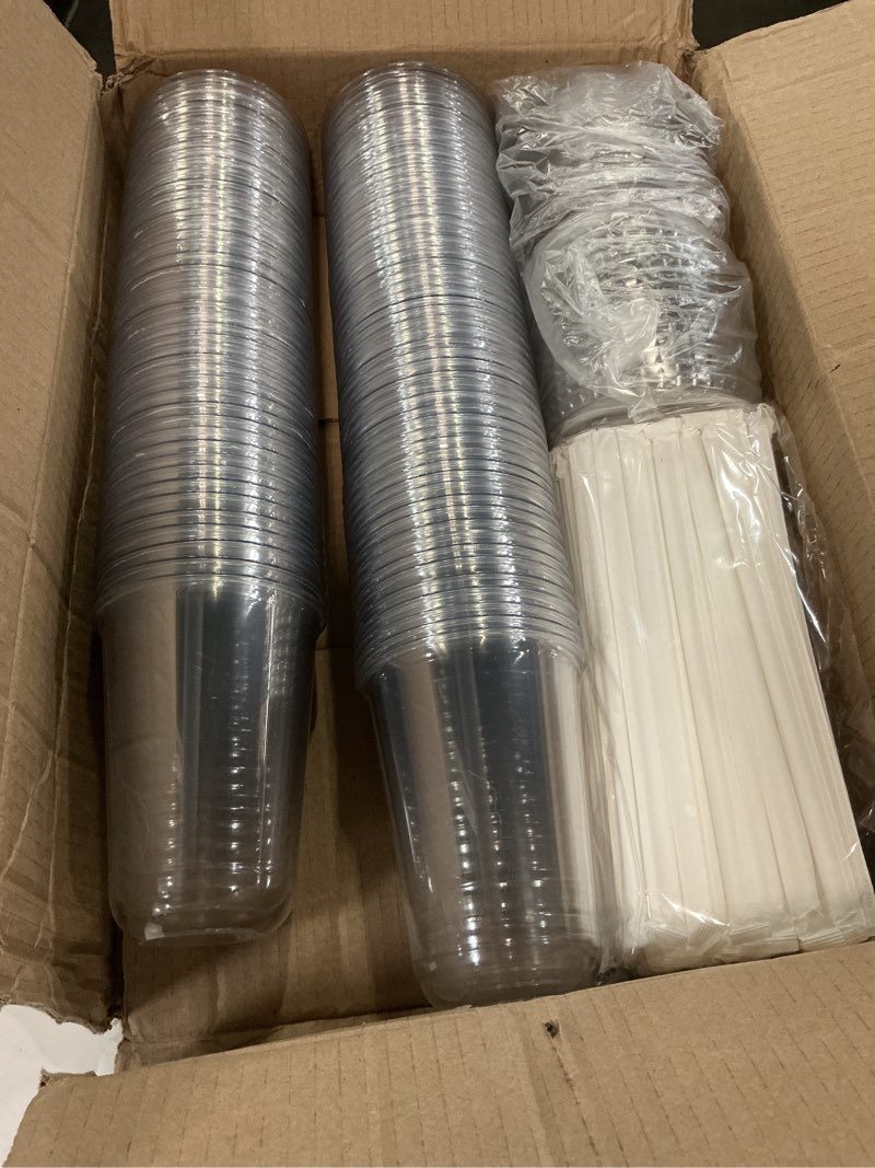 Condition photo showing Good Condition for qeirudu 100 pack 18 oz round bottom clear plastic cups with lids and straws, disposable iced coffee 