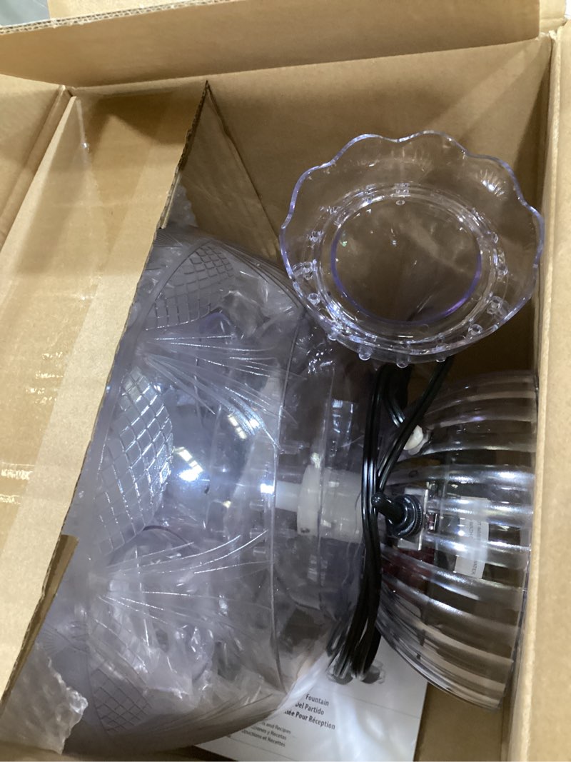 Condition photo showing As Is for nostalgia lpf230 3-tier lighted party fountain, holds 1.5 gallons, led lighted base, includes 8 reusable cups deluxe party fountain