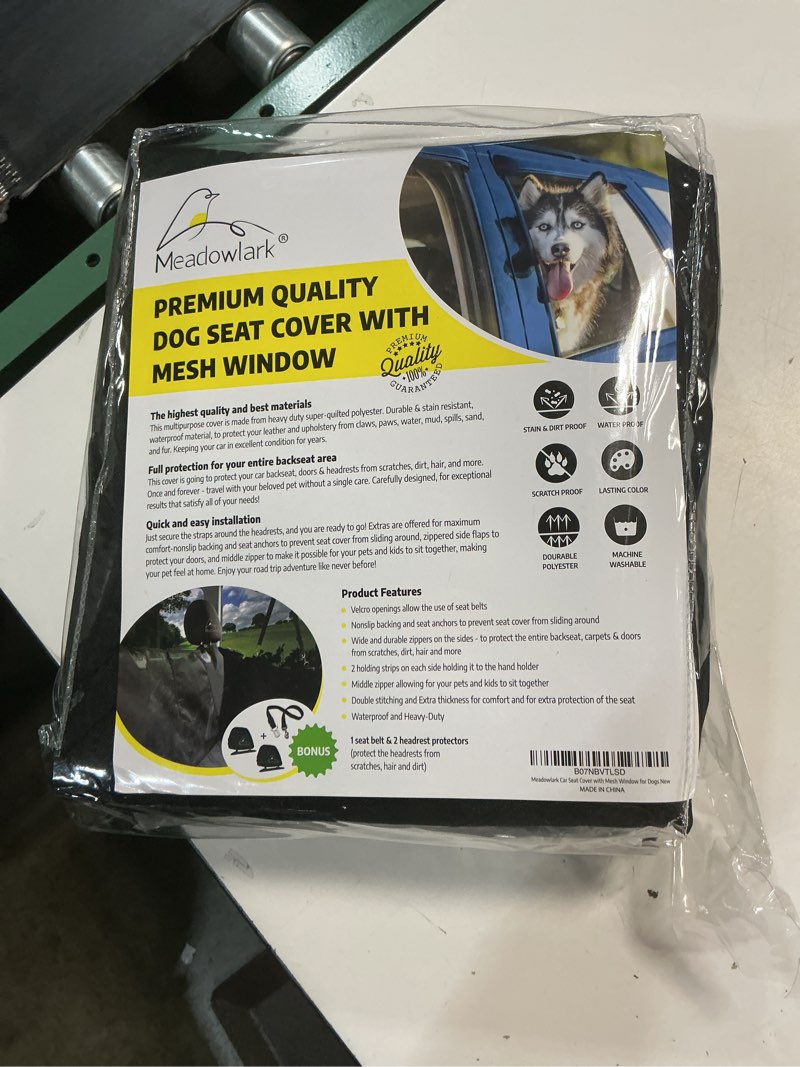 Condition photo showing New/Like New for meadowlark dog car seat cover with mesh window, heavy-duty pet seat cover for back seat, extra padded non-slip dog hammock, water-resistant back seat protector for cars trucks and suvs (54" w x 58" l) 58" l x 54" w without seat belt black / mesh