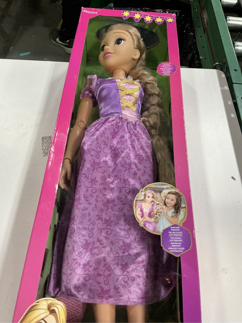 Condition photo showing New/Like New for disney princess rapunzel doll playdate 32” tall & poseable, my size articulated doll in purple dress, comes with brush to comb her long golden hair, flower garland hairband & hair pins