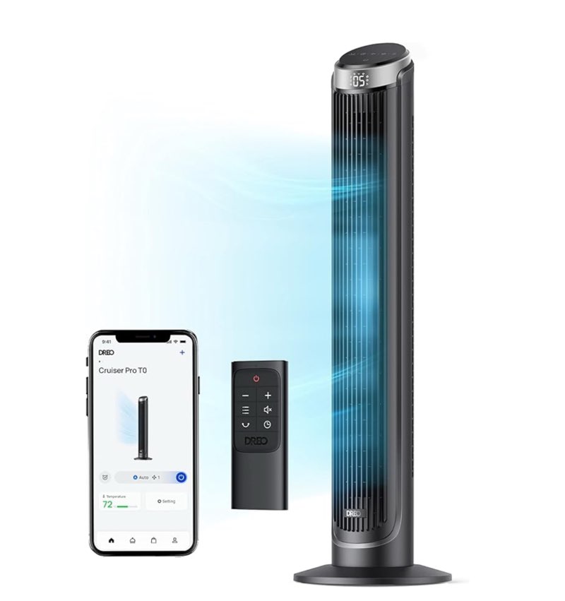 dreo 40'' wifi tower fan, 26ft/s high-speed cooling, quiet floor fan with remote, 90° oscillating fan, 4 modes, 8h timer, touch control, standing cooling fan for bedroom, home, office room, silver