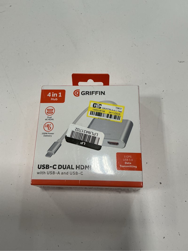 Condition photo showing New/Like New for griffin 4-in-1 hub, usb c hub multiport adapter with usb 3.0, dual 4k hdmi adapter for laptop, macbook, and more, 100w power delivery