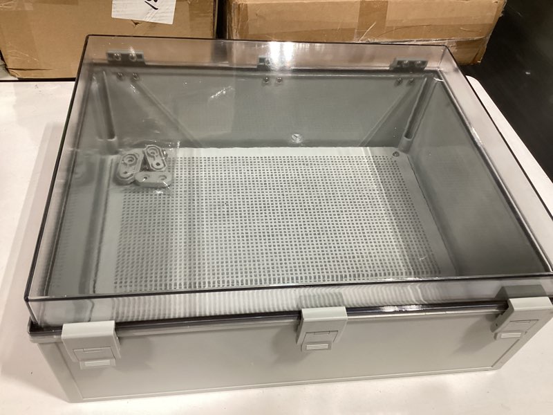 Condition photo showing New/Like New for abs plastic dustproof waterproof ip65 junction box hinged shell universal electrical project enclosure gray, with pc transparent clear cover 5.9 x 5.9 x 3.5inch(150 x150 x90mm) 5.9" x 5.9" x 3.5" (1pc)