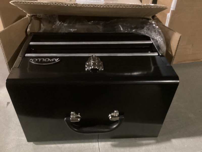 Condition photo showing Good Condition for Apollo Tools 14 Inch Steel Tool Box with Deep Top Compartment and 2 Drawers in Heavy-Duty Steel With Ball Bearing Opening and Powder Coated Finish Black Black 14 inch