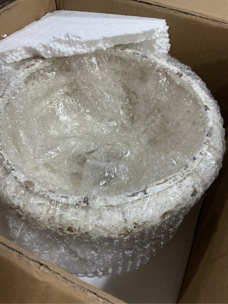 Condition photo showing Good Condition for sofe vintage large pedestal vase, 11 inches tall front porch garden planters, resin compote vase, distressed white flower pot, french country home decor