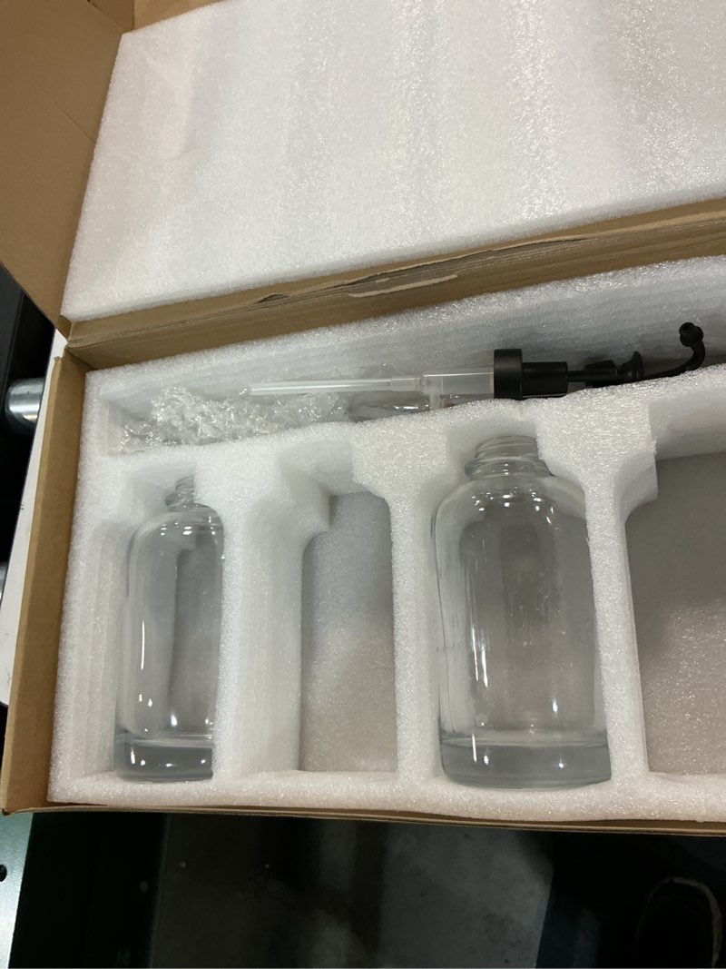 Condition photo showing As Is for 16.9 oz/500 ml Coffee Syrup Dispenser Set - 4 Glass Bottles with Black Pumper and Syrup Labels - Precise Dispensing and Stylish Addition to Coffee Shop, Cafe or Home Bar 4 Pack Black