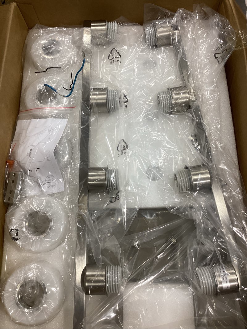 Condition photo showing Good Condition for 8-light bathroom vanity light brushed nickel bathroom light fixtures 8 light vanity lights for wide mirrors nickel 8-light long wall sconce with milky white frosted glass shades for bath living room 8 light brushed nickel