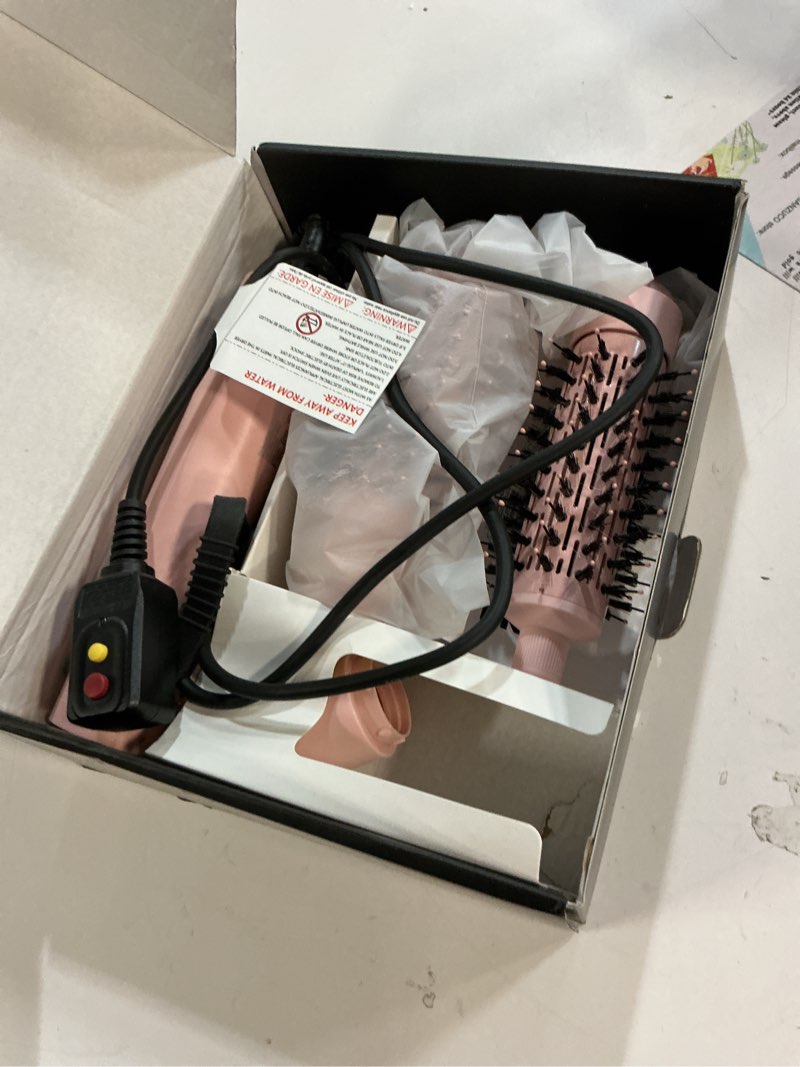 Condition photo showing As Is for 4 in 1 rotating hair dryer brush spinning with detachable brush(2" & 1.5"),negative ionic brush blow dryer 100-120v,3 heats and 2 speeds rotating hot air brush for curling,straight,drying pink